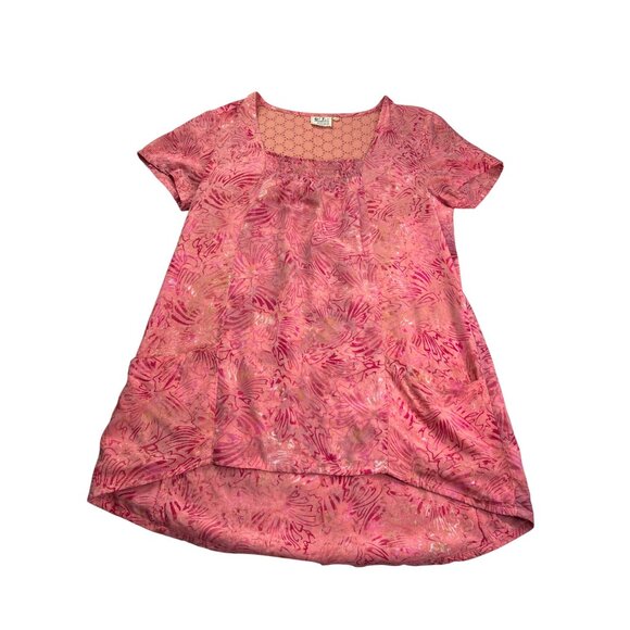 Go Fish Tunic Top Size L 2 Pockets Abstract Pink Eyelet Back Rayon Hand Made - Picture 1 of 8